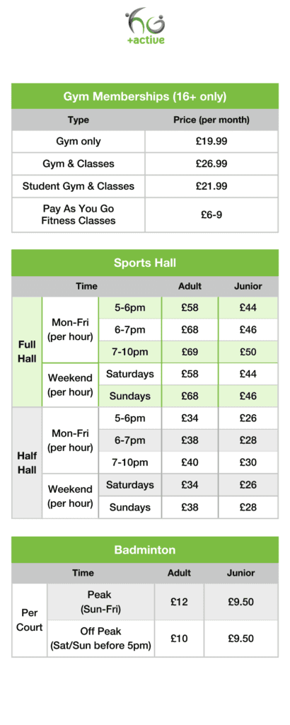 Price list for Hazel Grove Sports Centre 2024. Please get in touch for full details.