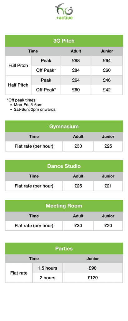 Price list part 2 for Hazel Grove Sports Centre 2024. Please get in touch for full details.